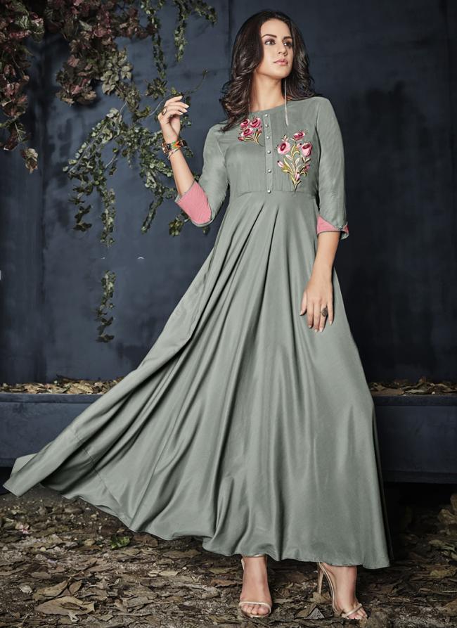 Rayon Grey Festival Wear Embroidery Work Readymade Long Kurti